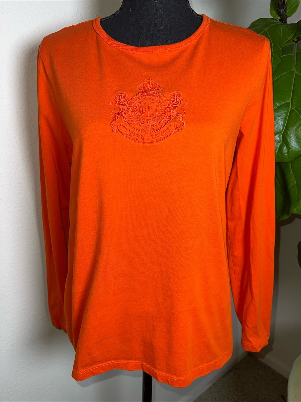 Ralph Lauren Women’s 100% Cotton Orange Tonal Embroidered Crest Crewneck Top L